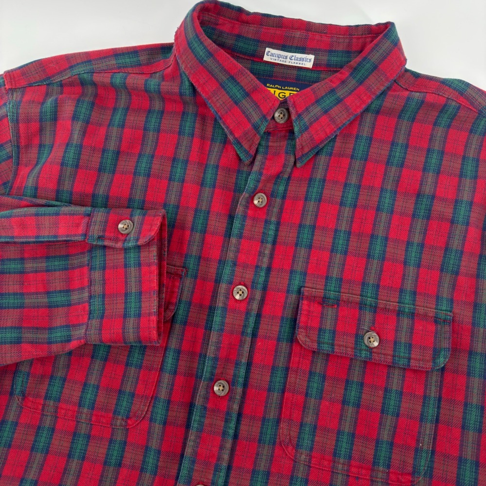 Ralph Lauren Rugby Vintage Shirt Red Green Plaid Button Down XL‎ Heavyweight